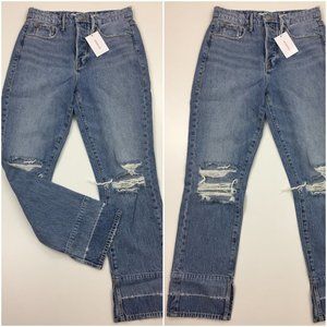NWT GOOD AMERICAN Blue/Light Wash GOOD BOY Distressed Slit Hem Button Fly Jeans